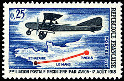50ème Anniversaire De La 1ère Liaison Postale Régulière Par Avion : Paris, Le Mans, Saint Nazaire Année 1968 N° 1565 Yvert Et Tellier Luxe