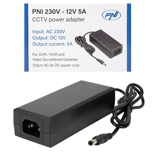 Alimentation PNI CCTV 230 V, entrée 230 V, sortie 12 V, 5 A, câble de 2 mètres, noir