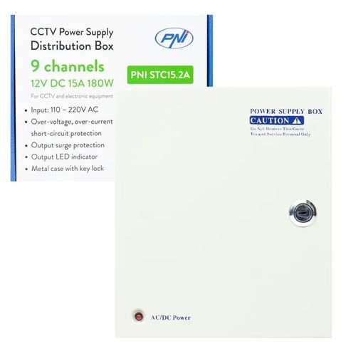 Alimentation pour vidéosurveillance PNI STC15.2A en boîtier métallique, 12 V, 15 A, 180 W, 9 sorties