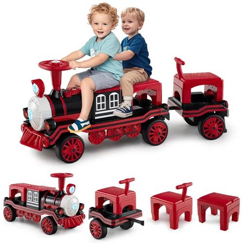 Costway 12v Train Electrique Pour Enfants Avec 2 Sièges Amovibles, Locomotive Et Wagon Lumières Led, Sifflet & Musique 3-8 Ans
