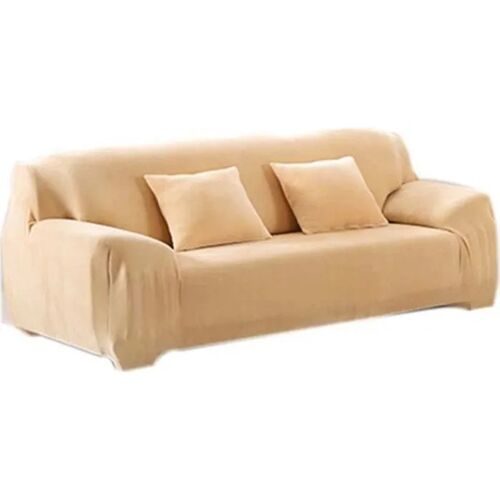 Housse De Canapé - Pure Couleur - Beige - Élastique - 3 Places - Velours Stretch