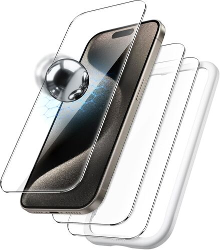 JGD-Protection D'écran Incassable pour iPhone 15 Pro Max 6,7 Pouces, 9H+ Film en Verre Trempé Qualité Militaire avec Outil d'Installation Facile, Compatible Coque, HD Transparent, Lot de 3