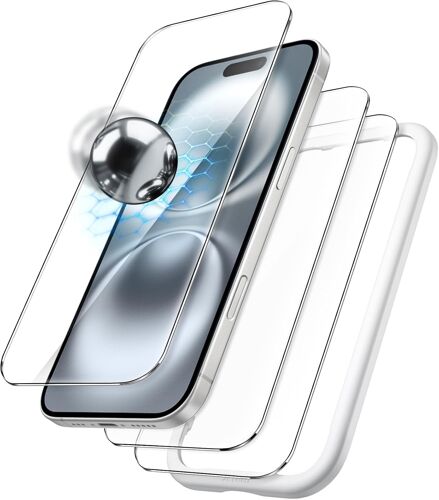 JGD-Protection D'écran Incassable pour iPhone 16 6,1 Pouces, 9H+ Film en Verre Trempé Qualité Militaire avec Outil d'Installation Facile, Compatible Coque, HD Transparent, Lot de 3