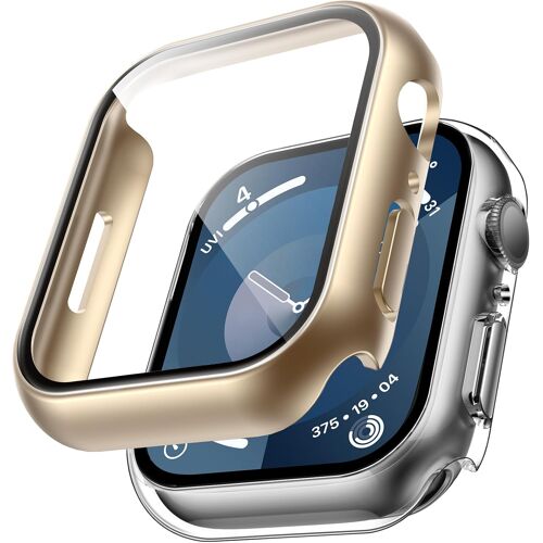 Loranka-2 Pièces Pc Coque Compatible Avec Apple Watch Série 9/8/7 45mm, Protection Écran Dur Ultra Mince [Sensible Au Toucher] En Verre Trempé Iwatch Serie 9/8/7 45mm - Champagne+Transparent