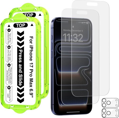 Mat Verre Trempé Pour Iphone 17 Pro Max, 2X Protection Ecran D'Écran Mat + Protecteur D'Objectif De Caméra, Anti-Reflet & Anti-Trace Avec Kit Automatique (2+2 Pièces)