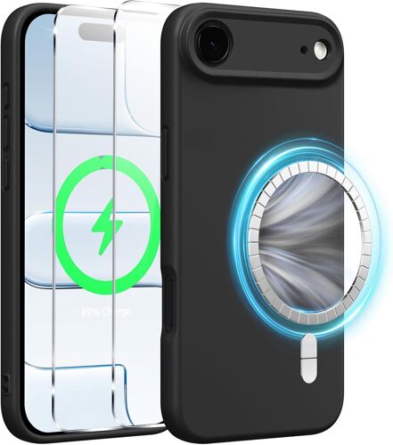 TRAHOO-Coque Magnétique en Silicone pour iPhone Air 6,5 Pouces avec 2 Verre Trempé, Compatible avec MagSafe Aimants Intégrés, Étui Housse Antichoc Anti-Rayures Case pour iPhone 17 Air, Noir