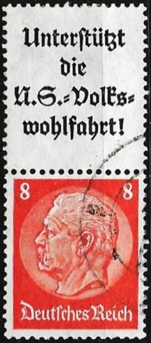 Allemagne, 3ème Reich 1933 / 36, Beau Timbres Yvert 488, Maréchal Hindenburg 8pf. Orange Avec 1 Vignette Promotionnelle Pour La N.S.V., Organisme De Bienfaisance Du Parti Nazi, Oblitéré, Tbe.