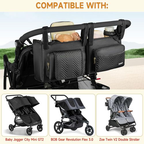 Caddie Poussette Double Compatible Avec Bob Duallie, Baby Jogger City Mini Gt2 Et Zoe Twin V2, Console Parent Avec Sac Isotherme Et Porte Gobelet, Noir