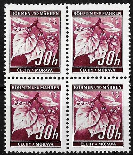 Tchécoslovaquie, Occopation Allemande, Bohème Moravie 1940, Très Beau Mini Bloc 4 Timbres Neufs** Luxe Yvert 24, Feuilles De Tilleul 30h. Mauve.