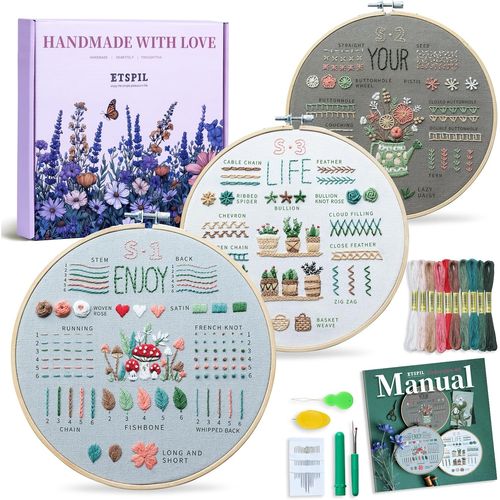 Kit Broderie Adultes Debutants 3 Pieces 33 Points Pratique Motifs Preimprimes Cerceau 7.8 Pouces Fils Aiguilles Guide Video Diy Cadeau Femmes