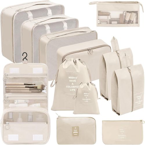 Organisateur Valise 12 Pieces Beige Set Organisation Voyage Cubes Emballage Sacs Vetements