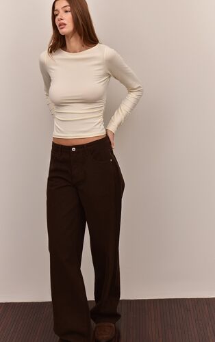 Femme Jean Droit Chocolat À Taille Mi-Haute | Taille 38