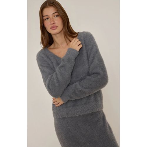 Femme Pull Oversize En Maille Tricot Duveteuse Grise À Col En V | Taille Large