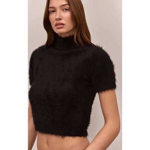 Femme Pull Court En Maille Tricot Duveteuse Noire À Manches Courtes | Taille Medium