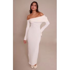 Femme Robe Longue Brossée Côtelée Crème À Détail Replié Asymétrique Et Manches Longues | Taille 36
