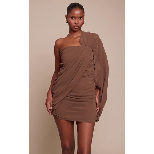 Femme Mini Robe En Mousseline De Soie Chocolat Froncée À Épaule Unique | Taille 34