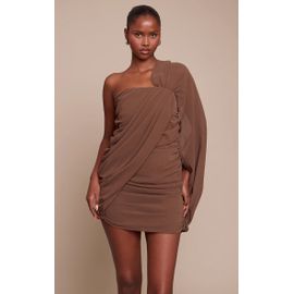 Femme Mini Robe En Mousseline De Soie Chocolat Froncée À Épaule Unique | Taille 34