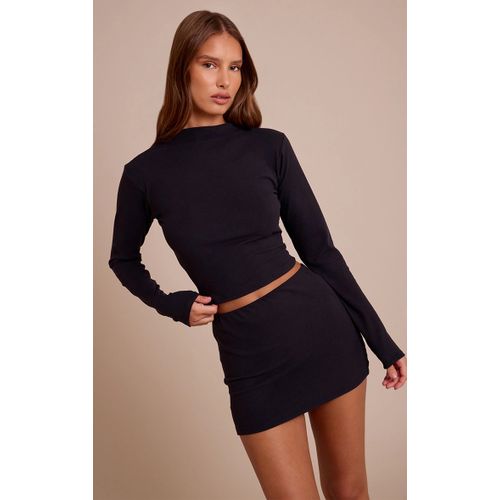 Femme Crop Top Côtelé Brossé Noir À Col Montant Et Manches Longues | Taille 42