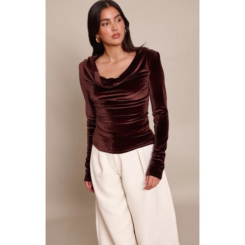 Femme Top En Velours Marron À Col Bénitier Et Manches Longues | Taille 40