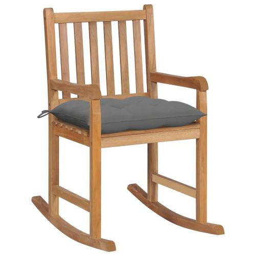 Prolenta Premium - Chaise à bascule avec coussin gris Bois de teck solide