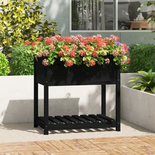 Prolenta Premium - Jardinière Avec Étagère Noir 82,5x54x81 Cm Bois Massif De Pin