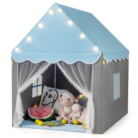 Costway Tente De Jeux Pour Enfants Avec Lumières Étoiles & Tapis Lavable En Coton, Rideau & 2 Fenêtres 122x104x135 Cm Bleu