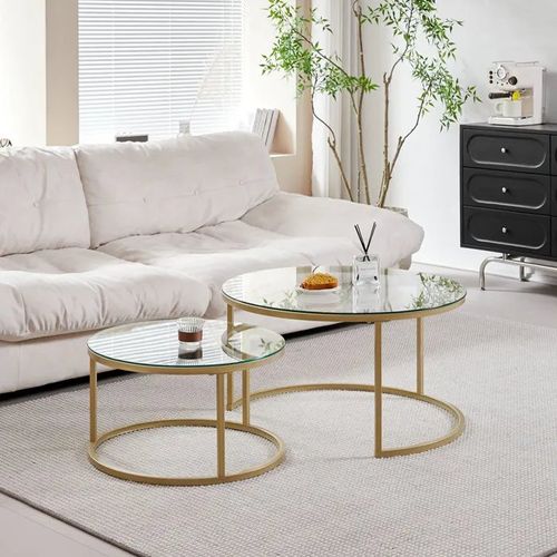 Table basse scandinave table gigogne table d'appoint 2 pièces avec surface en verre et pieds en métal, ronde