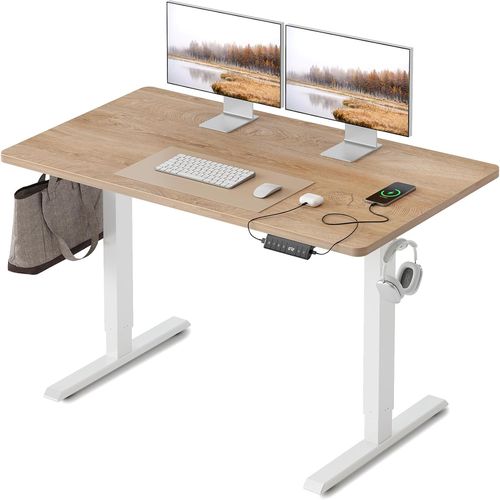 Bureau réglable en Hauteur, Plateau Monobloc, 100 x 60 cm, Bureau Assis Debout avec Ports de Charge USB-A et USB-C, Standing Desk, Chêne