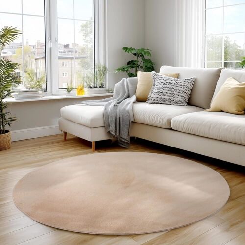 Tapis Rond À Poils Doux Lavable Beige 120x120cm