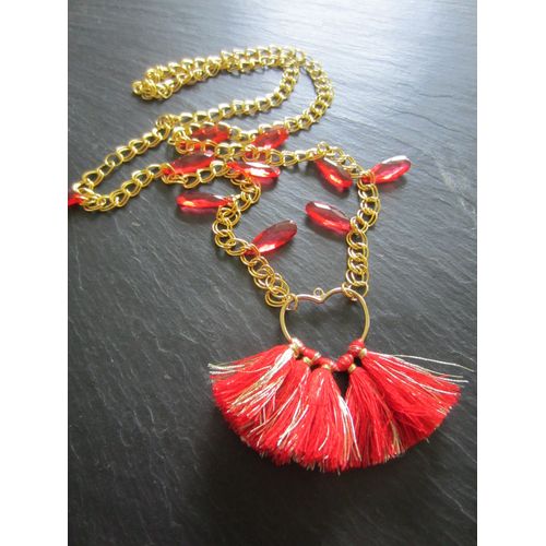 Sautoir Doré Et Rouge Avec Pampilles Et Pompons