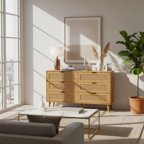 Console en bois clair avec 6 tiroirs en rotin tressé