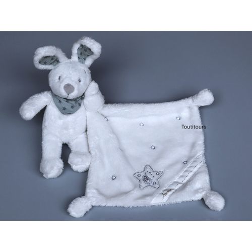 Doudou lapin mouchoir blanc gris Vertbaudet Bandana