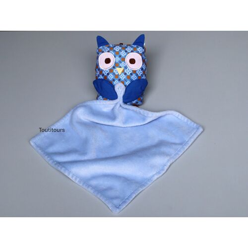 Doudou chouette mouchoir bleu Pommette