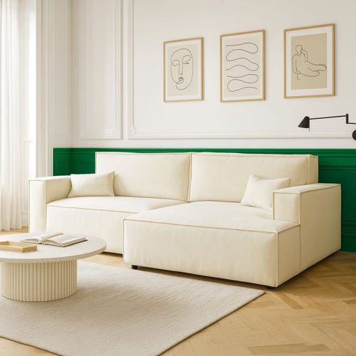 Canapé d'angle droit convertible 3 places - tissu chenille beige