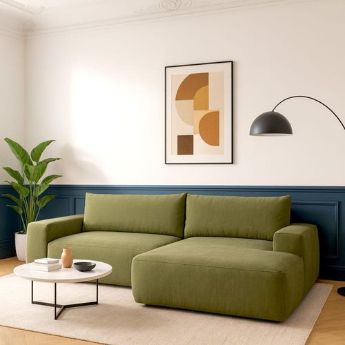 Canapé d'angle droit convertible 3 places en tissu chenille vert olive