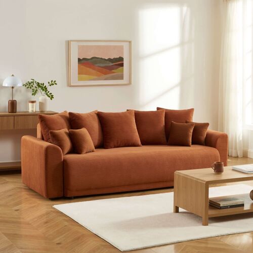 Canapé droit convertible en velours côtelé 3 places terracotta
