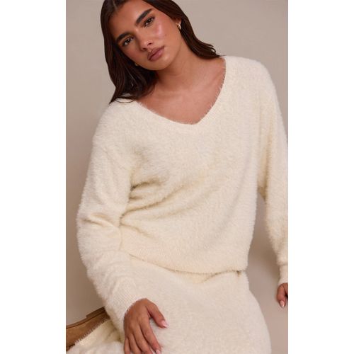 Femme Pull Oversize En Maille Tricot Duveteuse Crème À Col En V | Taille Medium