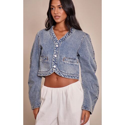 Femme Tall Veste Courte En Jean Vintage À Col En V Et Ourlet Incurvé Vintage Délavé | Taille 32