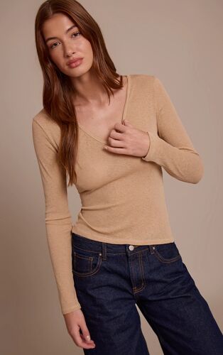 Femme Top En Mesh Dévoré Marron Clair À Col En V Et Manches Longues | Taille 38