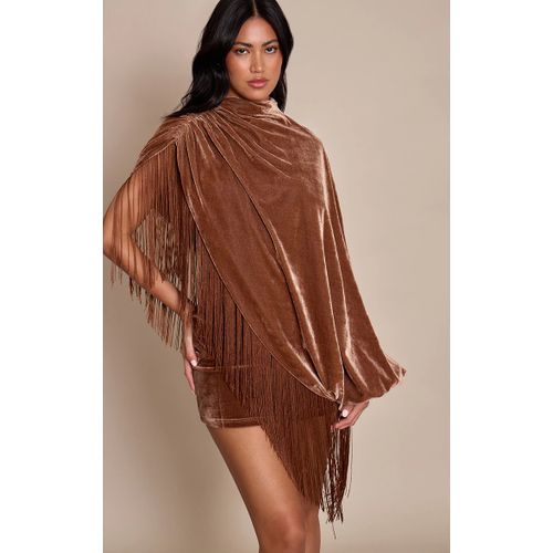 Femme Mini Robe Style Cape En Velours Marron Doré À Franges | Taille 34