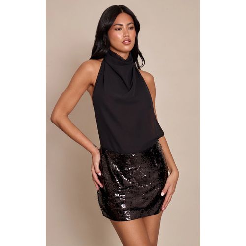 Femme Mini Robe En Mousseline De Soie Noire À Col Montant Bénitier Et Jupe En Sequins | Taille 44