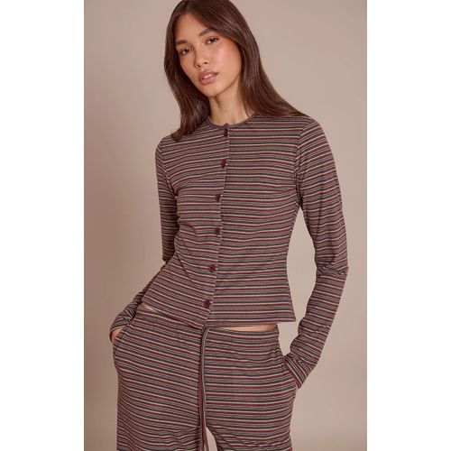 Femme Top En Polaire Douce Bordeaux À Fines Rayures Et Boutons | Taille 40