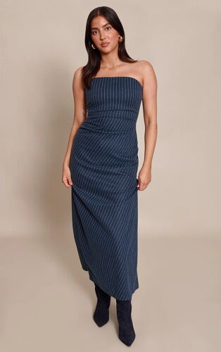 Femme Robe Bustier Longue Brossée Bleu Marine À Fines Rayures | Taille 42