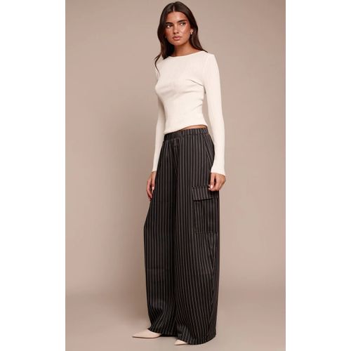 Femme Pantalon Cargo Large Tissé Noir À Fines Rayures | Taille 38