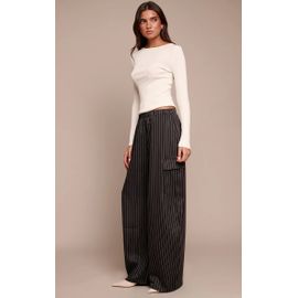 Femme Pantalon Cargo Large Tissé Noir À Fines Rayures | Taille 38