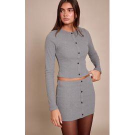 Femme Top Côtelé Brossé Gris À Manches Longues Et Boutons | Taille 38