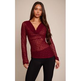 Femme Top En Dentelle Prune Transparente À Col Bénitier Et Manches Longues | Taille 42