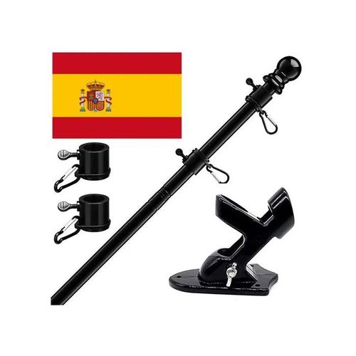 Mât de Drapeau Mural Réglable 40-150 cm en Acier Noir avec Support et Drapeau Espagne 60x90 cm pour Maison et Jardin