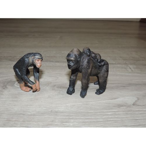 FIGURINES SCHLEICH - GUENON (CHIMPANZE) ET GORILLE FEMELLE AVEC SON PETIT