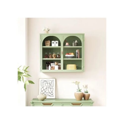 Armoire murale moderne à double porte avec portes vitrées de 70 cm, comprenant trois étagères de rangement, verte.
